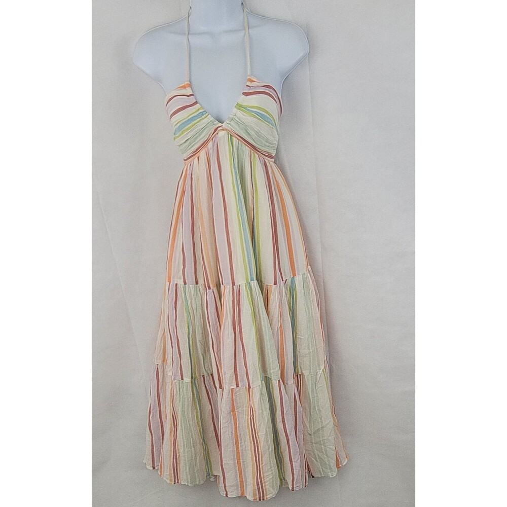 AMERICAN EAGLE Womens Midi Dress Sz S Halter Striped Beachy Tiered Rainbow